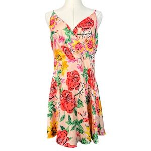 Express Peach Floral Fit & Flare Mini Dress Womens Medium V-Neck Sleeveless